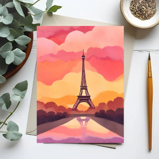 Cartão Postal Pôr do Sol em Paris | Torre Eiffel França Aquarela