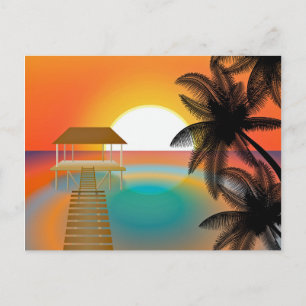 Cartão Postal Pôr do Sol Laranja na Praia com Desenho de Palmei