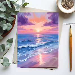 Cartão Postal Pôr do sol lavanda roxo praia oceano aquarela
