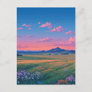 Cartão Postal Pôr do Sol Luminoso Sobre o Prado da Montanha de F