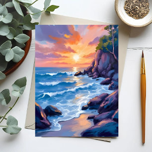 Cartão Postal Pôr do sol na Baía do Oceano   Aquarela da Praia