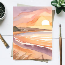 Pôr do Sol na Praia | Bela Pintura em Aquarela