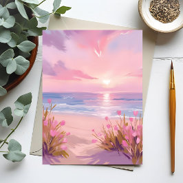 Cartão Postal Pôr do sol na praia com rubor rosa em aquarela pas