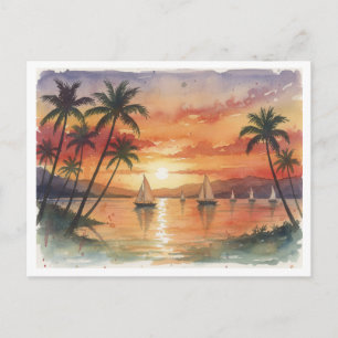 Cartão Postal Pôr do sol na praia de Kauai em aquarela
