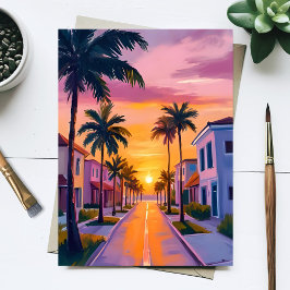 Cartão Postal Pôr do Sol na Praia de Miami | Aquarela do Oceano 