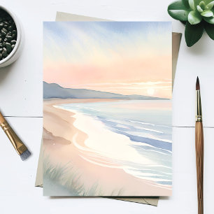 Cartão Postal Pôr do sol na praia pastel aquarela costeira