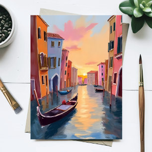Cartão Postal Pôr do Sol no Canal de Veneza Gôndola Aquarela Via