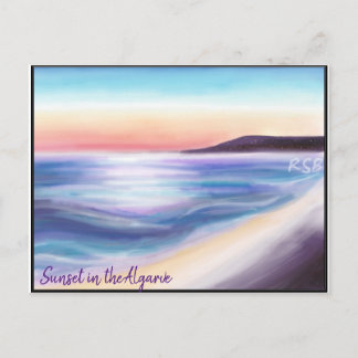 Cartão Postal Pôr do sol no mar da Algarve Portugal areia penhas