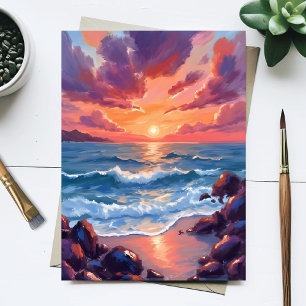 Cartão Postal Pôr do Sol no Oceano Aquarela Praia Costeira