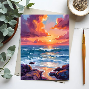 Cartão Postal Pôr do Sol no Oceano Dourado   Radiant Costeiro Aq