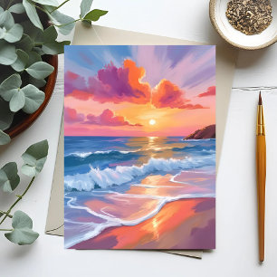 Cartão Postal Pôr do Sol no Oceano em Pastel   Pintura Colorida 