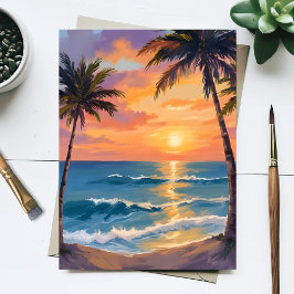Cartão Postal Pôr do sol no oceano tropical em aquarela com palm