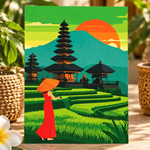 Cartão Postal Pôr do sol no templo e terraços de arroz de Bali I