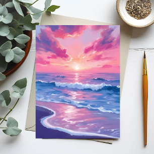 Cartão Postal Pôr do Sol Oceano Rosa Ondas Aquarela