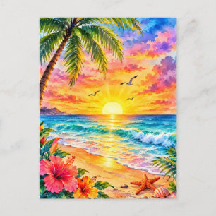 Cartão Postal Pôr do sol Paradisíaco Tropical Arte de Praia em A