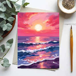 Cartão Postal Pôr do sol rosa ondas do oceano roxo aquarela