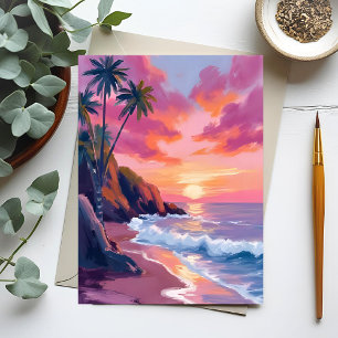 Cartão Postal Pôr do Sol Rosa Tropical Oceano Aquarela