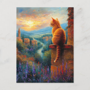 Cartão Postal Pôr do Sol Toscano com um Gato Gengibre