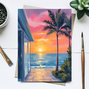 Cartão Postal Pôr do sol tropical Palma Praia Oceano Aquarela