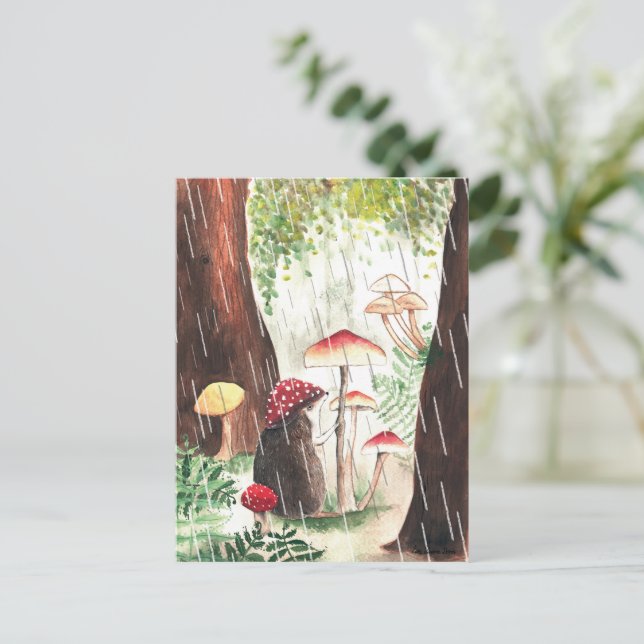 Cartão Postal Porco Chuvoso E Toadstool Ilustração Bonita (Em pé/Frente)