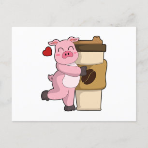 Cartão Postal Porco com café