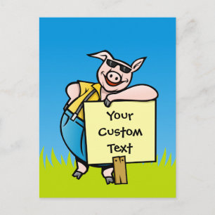 Cartão Postal Porco com placa