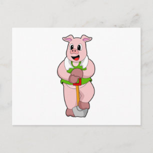Cartão Postal Porco como Fazendeiro com Pá