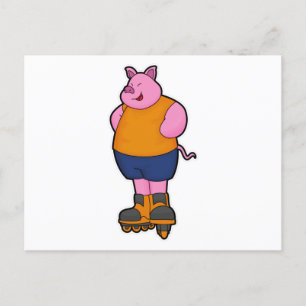Cartão Postal Porco como patinador com patins em linha