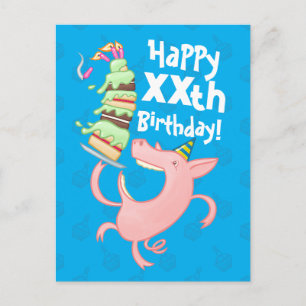 Cartão Postal Porco Engraçado Adicione a Idade Bolo de Aniversár