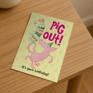 Cartão Postal Porco engraçado comendo bolo de aniversário Porco 