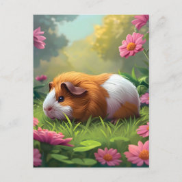 Cartão Postal Porco-Guiné Entre Flores Rosa