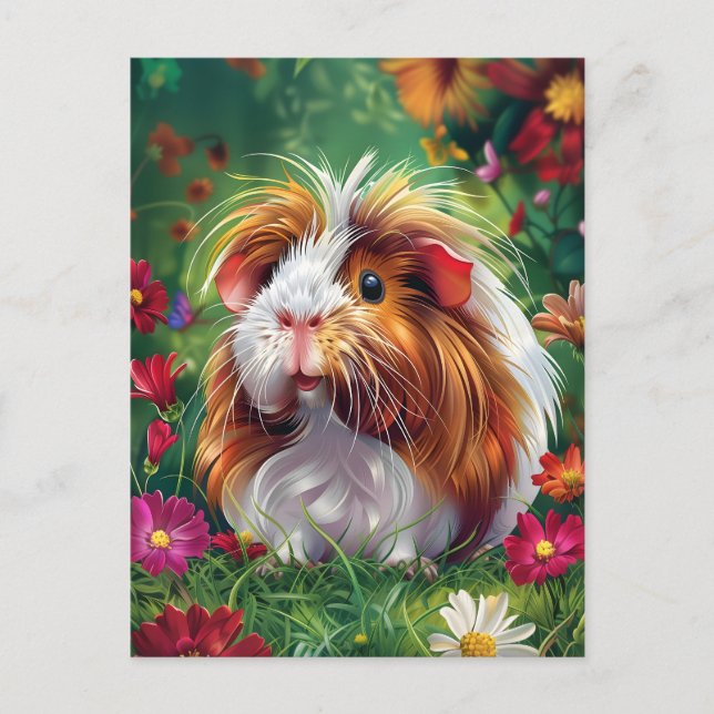 Cartão Postal Porco guineense de longa distância entre flores (Frente)