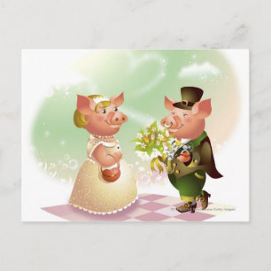 Cartão Postal Porco masculino dá um buquê de flores a um porco f