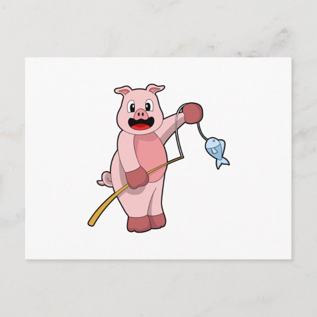 Cartão Postal Porco na pesca com vara de pescar & Peixe (Frente)
