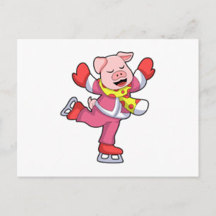 Cartão Postal Porco no patinação no gelo com patins de gelo