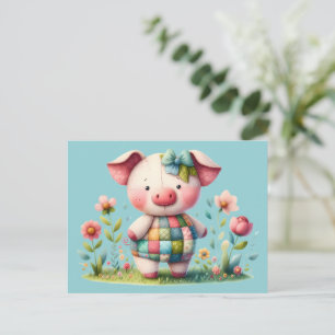Cartão Postal Porco Patchwork Caprichoso no Jardim Floral