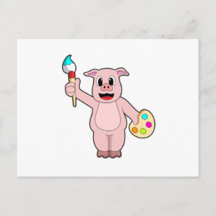 Cartão Postal Porco Pintando com Pincel e Cor