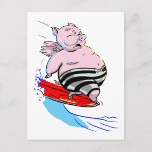Cartão Postal porco surfando