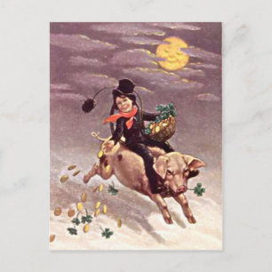Cartão Postal Porco Vintage Lua Dourada Trevo Shamrock Dia de Sã