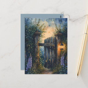 Cartão Postal Portão de Jardim Encantado Sob o Céu de Vaga-Lumes