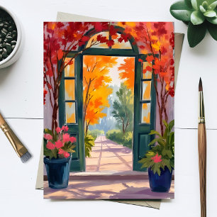 Cartão Postal Portão de Jardim   Pintura Floral Botânica em Aqua