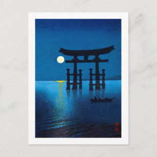 Cartão Postal Portão Torii e Lua Cheia, Koho Shoda, Xilogravura