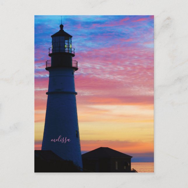 Cartão Postal Portland Head Head Rosa claro Sunrise Maine Lighth (Frente)