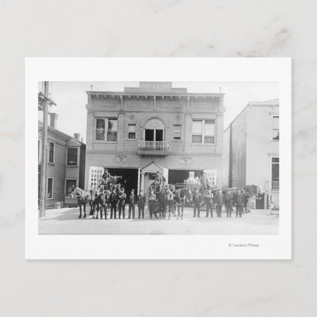 Cartão Postal Portland, OR Fire Station Horse Drawn and Men (Frente)
