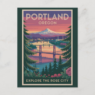 Cartão Postal Portland Oregon Viagem Arte Vintage Monte Hood