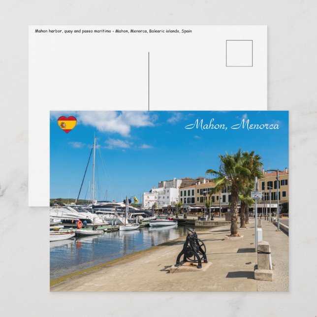 Cartão Postal Porto de Mahon e passeio marítimo - Menorca, Espan (Frente/Verso)