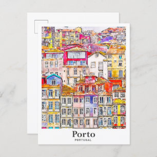 Cartão Postal Porto Portugal Viagem Watercolor - Desenhado