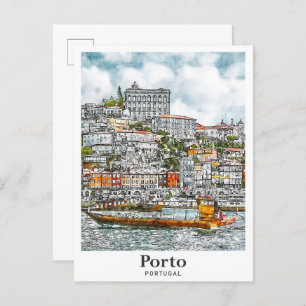 Cartão Postal Porto Portugal Viagem Watercolor - Desenho