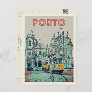 Cartão Postal Porto tramway e ilustração da igreja Portugal