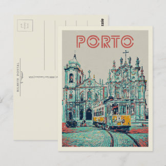 Cartão Postal Porto tramway e ilustração da igreja Portugal